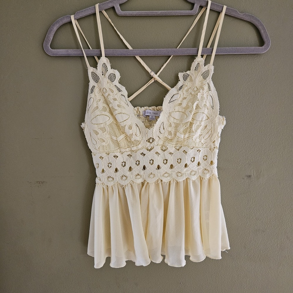 Love Tree Top Women's Small Spaghetti Strap Tank Yellow Floral Lace Pattern Crop